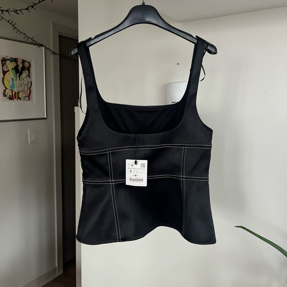 Zara Black Satin Tank Formal Evening Wedding guest Sleeveless Top Sz S - Picture 11 of 11